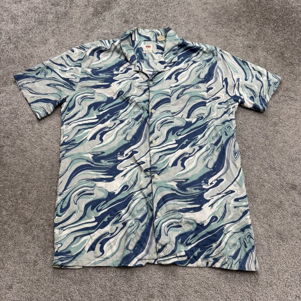 Levi's Relaxed Fit Button Down Shirt Men Medium Blue Swirl Abstract Short Sleeve